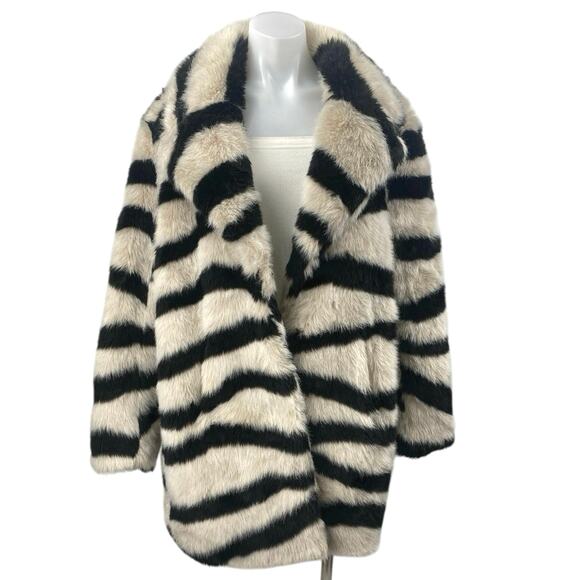 Fabulous Furs Beige Black Striped Faux Fur Teddy Coat Cardigan Sweater Jacket S - Picture 1 of 3